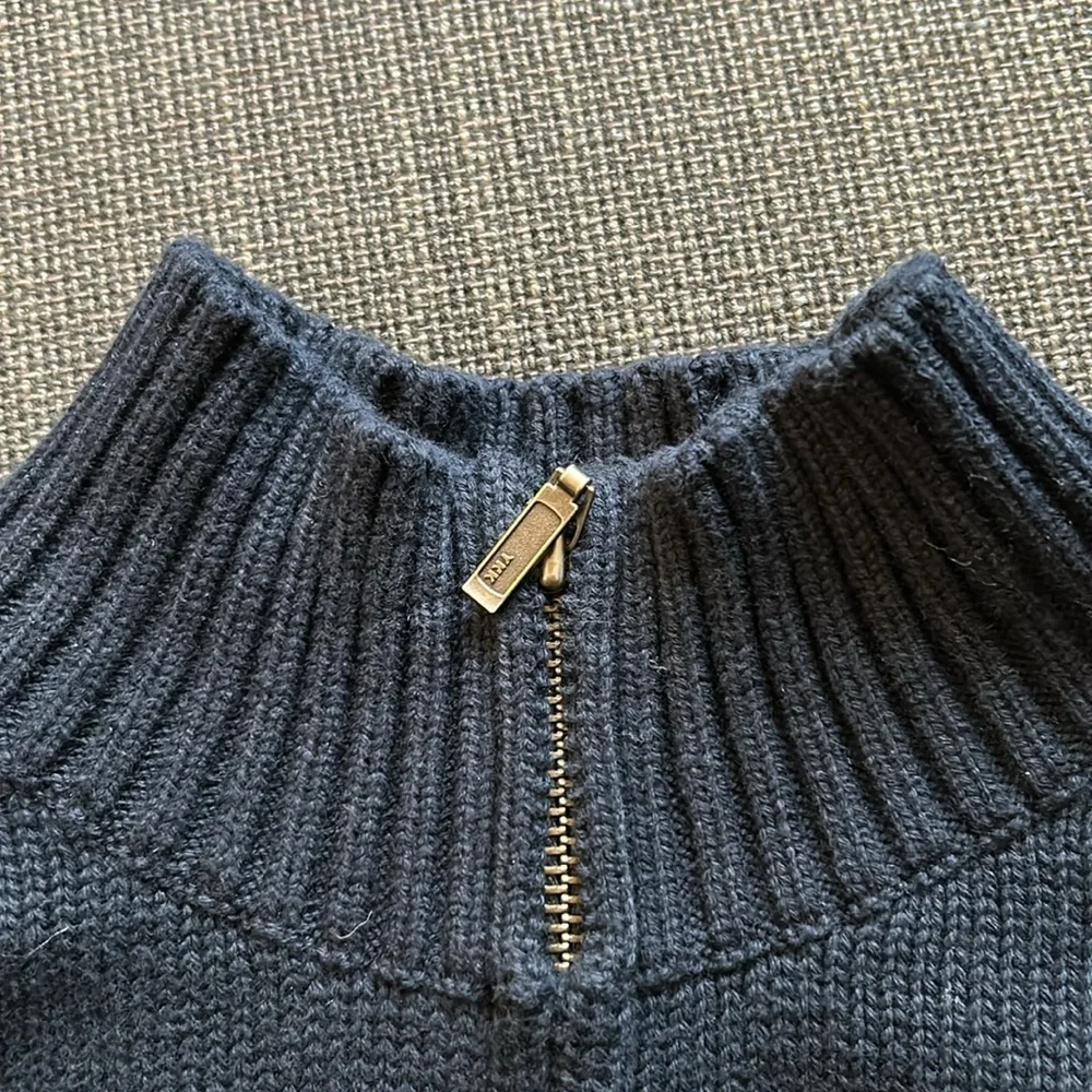 LL Bean Navy Blue Chunky Cable Knit Cardigan zipper Sweater 100% Cotton Size M - Picture 2 of 10